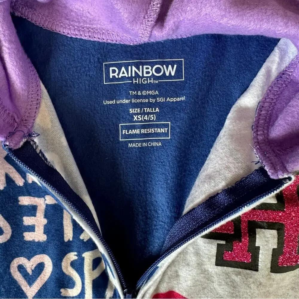 New Girl's Rainbow‎ High One Piece Zip Up Sleeper Pajamas size XS 4/5